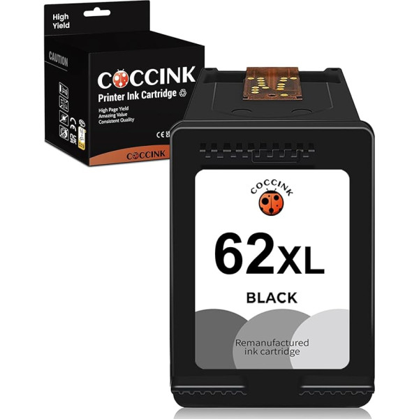 COCCINK 62XL (1 melna) atjaunotas printeru kasetnes, kas paredzētas HP 62 XL printeru kasetņu nomaiņai Envy 5540 5541 5545 5640 5642 5660 7640 7645 OfficeJet 200 250 252 5470 5740 5742 577 444 5745 5746 8040 8045 8045