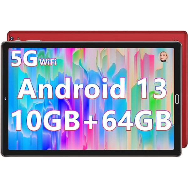 GOODTEL Android 13 planšetdators 10 collu, 10 GB RAM + 64 GB ROM (TF 1TB), WiFi 5G/2.4G + Bluetooth 5.0/GMS Certified/AGPS/Widget/OTG/Type-C/Headphone Jack/6000mAh/8MP+5MP, ar aizsargvāciņu, sarkans