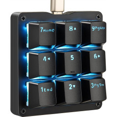 Koolertron One-Handed Mechanical Macro Keyboard, LED fona apgaismojums, portatīva mini vienroku mehāniskā spēļu tastatūra OSU ar 9 pilnībā programmējamiem taustiņiem (melna/melna ar aizmugurējo apgaismojumu/mieli slēdži)