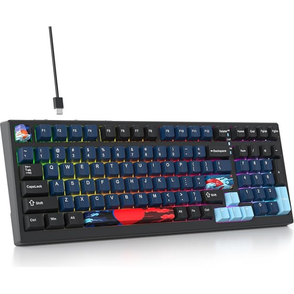 SOLIDEE 95% mehāniskā spēļu tastatūra, karsti nomaināma tastatūra ar baltu slēdzi, blīvējuma RGB fona apgaismojums, 98 taustiņi, PBT NKRO tastatūra Windows, klēpjdatoriem, datorspēlētājiem (98 Blue)