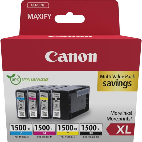 Canon PGI-1500 XL C M Y BK Vorteilspack 4 Tintenpatronen größere Reichweite XL (Schwarz XL, Cyan XL, Magenta XL, Gelb XL) Original [Umweltfreundliche Recycle-Kartonverpackung 2024]