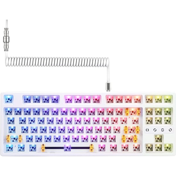 Mehāniskās spēļu tastatūras komplekts DIY, 2.4GHz Wireless/Bluetooth/Wired, spirālveida tastatūras kabelis, Hot-Swap 3/5 Pin Barebones, saderīgs ar AKKO/Gateron/Kailh (ANSI, White)