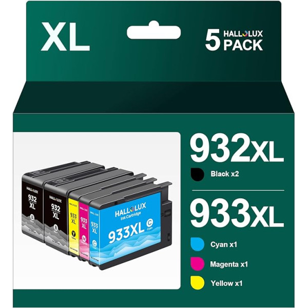 HALLOLUX 932XL 933XL drukas kasetnes HP 932 933 daudzpaku kasetnēm, saderīgas ar HP Officejet 6100 6600 6600 6700 7110 7610 7612 7510 6110 printeriem (5 eksemplāru iepakojums, melna, sarkana, zila, dzeltena)