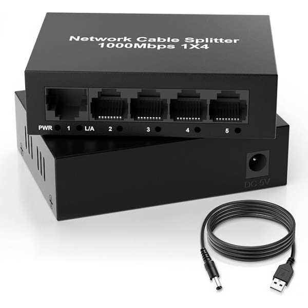 1000Mbps Ethernet jungiklis 5 prievadų Ethernet tinklo skirstytuvas su USB maitinimo kabelio adapteriu Cat7/Cat6/Cat5e/Cat5, Gigabit Ethernet jungiklis nuo 1 iki 4 išėjimų, Plug and Play