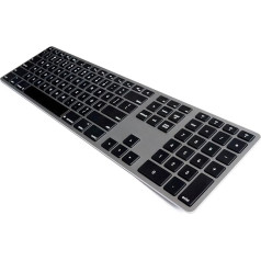 Matias FK418BTLB-DE Alumīnija bezvadu tastatūra ar aizmugures apgaismojumu USB Bluetooth 4.0 tastatūra Apple Mac OS QWERTZ vācu valodā ar plakaniem taustiņiem un papildu ciparu tastatūru, kosmosa pelēka