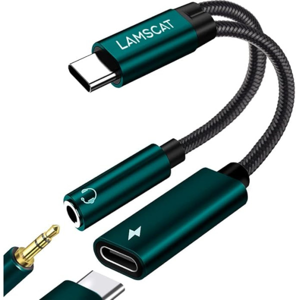 LAMSCAT USB C austiņu adapteris un uzlādes adapteris, 2-in-1 C tipa adapteris ar 3,5 mm ligzdu, atbalsta 60 W ātru uzlādi Samsung S24/S23/S21/S20+ (zaļš)