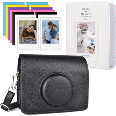 HIYQIN Mini EVO Case, чехол для камеры Instax Mini EVO PU Leather Case Full Cover со съемным регулируемым ремешком, черный+белый, кожаный чехол и аксессуары