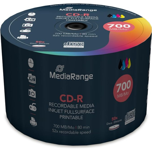 MEDIARANGE MR208 Spausdinamas pyragas 50 tuščių CD-R diskų 52x greitis, 700MB, 80 min.