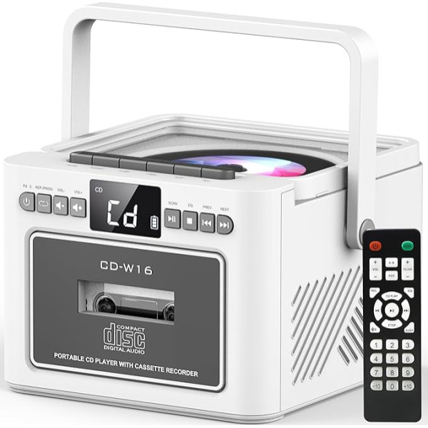 Greadio CD atskaņotājs Pārnēsājams Boombox ar CD radio, Bluetooth, kasešu atskaņotājs, tālvadības pults, FM radio, AUX/USB/SD karte, 5W dubultais skaļrunis, 5000 mAh uzlādējams akumulators, LCD ekrāns, balts