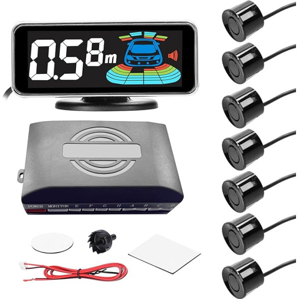 Goolsky Parksensor Einparkhilfe, Rückfahrradar System mit 4/8 StückVorne Hinteren Parksensoren, LCD Abstandsanzeige, Ton Warnsummer