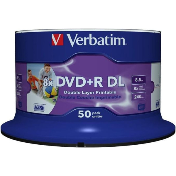 Verbatim DVD+R Double Layer Wide Inkjet Printable 8.5GB, 50 gab., 50 gab. iepakojumā, DVD rokturi, 8-fache Brenngeschwindigkeit & Hardcoat Scratch Guard, DVD-R printable, DVD leer