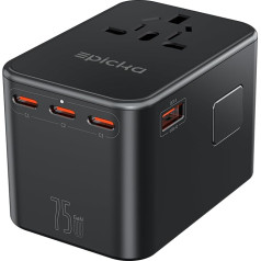 EPICKA ceļojuma adapteris visā pasaulē, GaN 75W universāls ceļojuma spraudnis PD Fast Charger, ceļojuma adapteris ar 3 USB-C, 2 USB-A, starptautiskais kontaktligzdas adapteris ASV, Lielbritānija, Japāna, Taizeme TA-105 Max