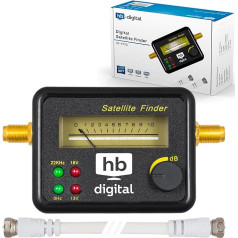 HB digitālais satelīta meklētājs ar 4 LED analogo displeju, zeltītiem savienotājiem un skaņas signālu + F savienojuma kabelis + vācu valodas instrukcija