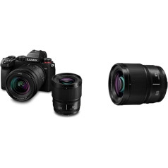 Panasonic LUMIX S DC-S5KCE-EG, pilna kadra kamera, visaptverošs komplekts ar diviem objektīviem: S-R2060 (20-60 mm, F3,5-5,6) un S-S50 (50 mm, F1,8) un S-S85E LUMIX S objektīvs (85 mm, F1,8, 67 mm) melns