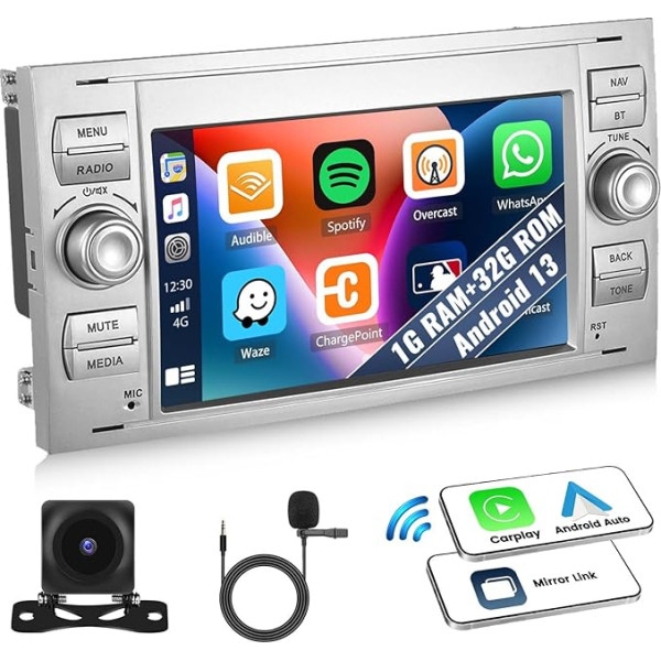 1+32G Android 13 auto radio priekš Ford Fiesta/Transit/Fusion/Mondeo Kuga/Connect/Galaxy/C-Max/S-Max ar Wireless CarPlay Android Car, 7 collu ekrāns ar BT GPS FM RDS WiFi SWC EQ HiFi + aizmugures skata kamera