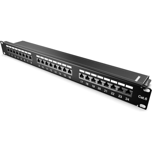 kwmobile 24 pieslēgvietu Patch Panel Cat6 sadalītājs - 19 collu Patch Panel ekranēts Cat 6 kabelis ar zemējuma kabeli - ar montāžas piederumiem uzstādīšanai skapī - melns