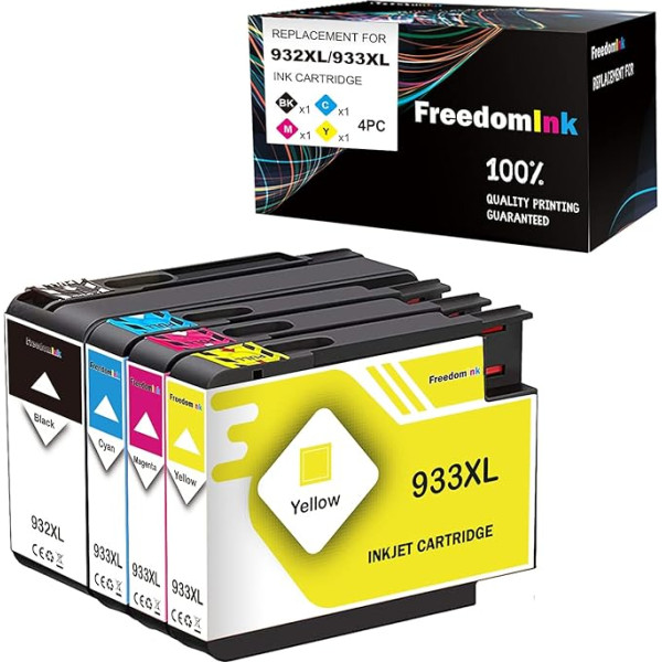 FreedomInk 4 932 932 933 HP 932XL 933XL daugkartinės pakuotės spausdintuvų kasetės Didelės talpos, suderinamos su HP Officejet 6600 6700 6700 6100 7510 7600 7610 7612 7110 spausdintuvu (1 juoda, 1 žydra, 1 purpurinė,