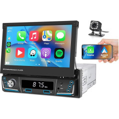 CAMECHO Carplay auto radio 1 DIN ar 7 collu izvelkamu displeju, atbalsta Bluetooth Android auto spoguļa saiti AM/FM septiņu krāsu gaismas un USB/AUX/TF + atpakaļgaitas kamera