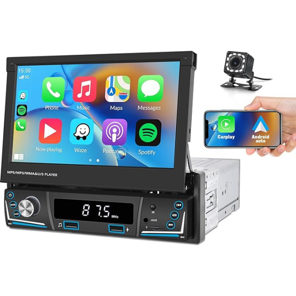 CAMECHO Carplay auto radio 1 DIN ar 7 collu izvelkamu displeju, atbalsta Bluetooth Android auto spoguļa saiti AM/FM septiņu krāsu gaismas un USB/AUX/TF + atpakaļgaitas kamera