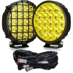 BIGLION.X Dzintara apaļais apaļais LED Off Road Lights 2 Pack 210W dzeltens vietas braukšanas miglas lukturu bampera lukturis ar DT vadu instalāciju IP68 IP69K pikapiem ATV UTV SUV