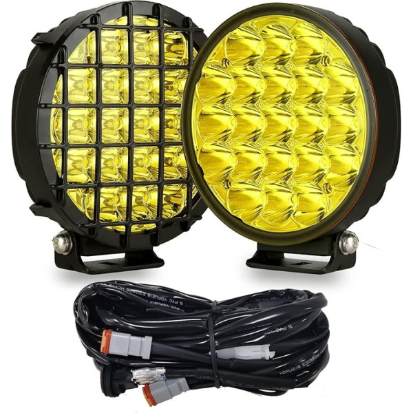 BIGLION.X Dzintara apaļais apaļais LED Off Road Lights 2 Pack 210W dzeltens vietas braukšanas miglas lukturu bampera lukturis ar DT vadu instalāciju IP68 IP69K pikapiem ATV UTV SUV