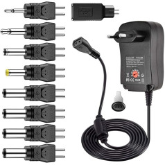 30W Universal Power Supply with 9 Removable Plugs 3V, 4.5V, 5V, 6V, 7.5V, 9V, 12V, Reversible Polarity, for Household Electronics