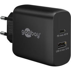 Goobay 65411 Dual Charger 45 W / USB-C un USB-A ātrās uzlādes lādētājs / lādētājs ar 2 USB pieslēgvietām / lādētājs mobilajam tālrunim, iPad, planšetdatoram utt.