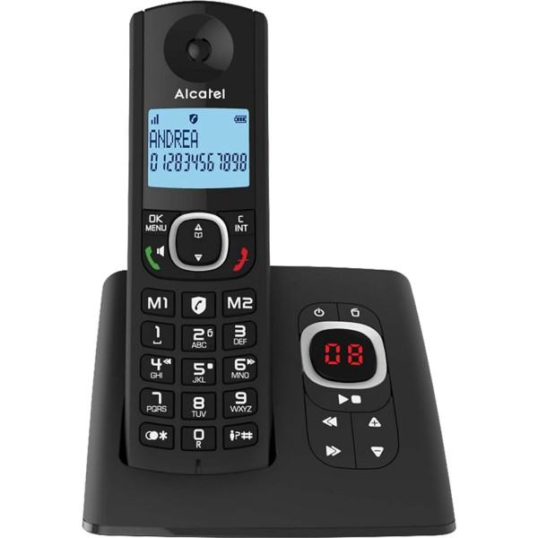 Alcatel F530 Voice Black - Bezvadu tālrunis ar zvanu bloķētāju, integrētu automātisko atbildētāju, brīvroku funkciju, apgaismotu displeju, VIP zvana signāliem, 10 zvanu melodijām