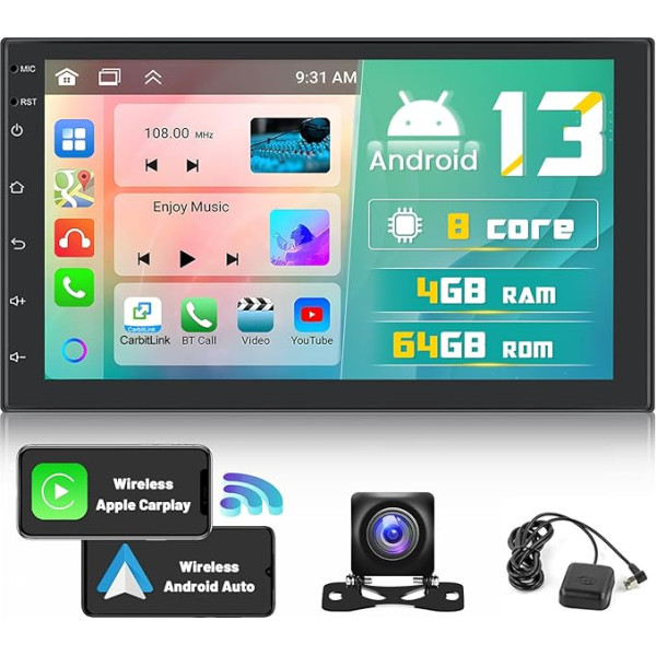 Hikity 2 Din Android Autoradio mit Navi Wireless Apple Carplay Android Auto, 4+64GB Touchscreen Autoradio Bluetooth mit Bildschirm 7 Zoll USB EQ WiFi Mikfon FM RDS Dopple Din Car Radio +Rückfahrkamera