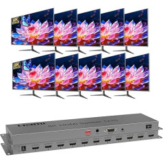 8K 60Hz HDMI sadalītājs 1x10 10 HDMI pieslēgvietu komutators 1 ieeja 10 izejas 1 pieslēgvieta uz 10 HDMI displejiem Komplektā ir 10 EDID režīmu veidi Integrēta IR paplašināšanas funkcija Atbalsta HDR 3D video formātu