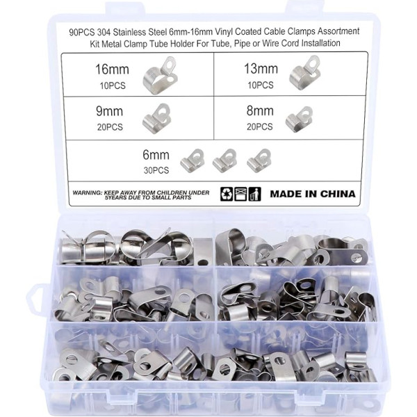 HSEAMALL Iepakojums ar 90 kabeļu skavām 304 304 Roestvrij Staal Vinyl Gecoate Cable Clamps, 6 maat 6 mm - 16 mm Metāla R-veida kabeļu skava Sniega skavas, P-Clips Kabeļu montāžas skava Slang Clamp