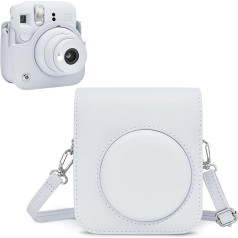 Rieibi Fuji Instax Mini 12 Camera Case - PU Leather Case for Fujifilm Instax Mini 12 Instant Camera - Detachable Pouch with Adjustable Shoulder Strap, White, Snap closure