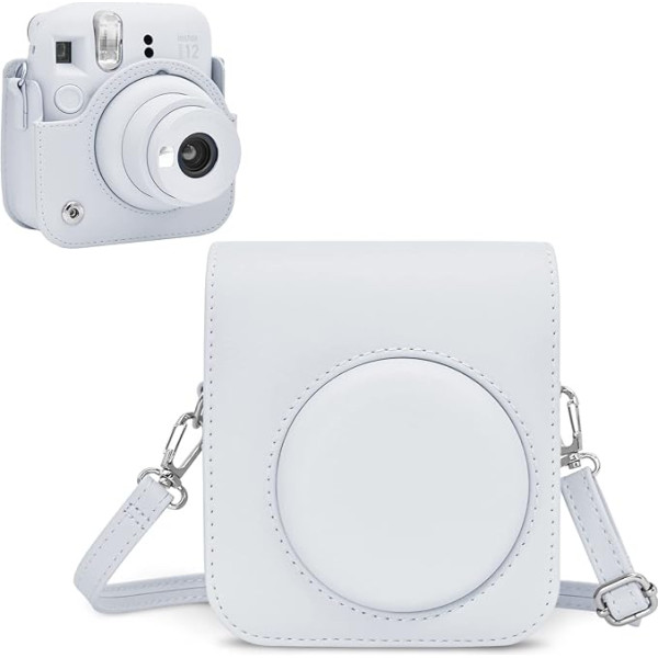 Rieibi Fuji Instax Mini 12 kameras futrālis - PU ādas futrālis Fujifilm Instax Mini 12 momentkamerai - noņemams futrālis ar regulējamu plecu siksnu, balts, aizdares aizdare