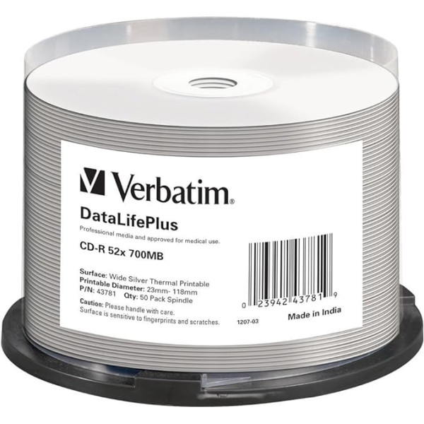 Verbatim CD-R DataLifePlus 700 MB, 50er Pack Spindel, CD Rohlinge beschreibbar, 52-fache Brenngeschwindigkeit und thermisch bedruckbarI leere CDs, Audio CD Rohling printable, CD leer