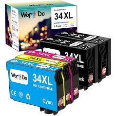 WORTHDO saderīgas tintes kasetnes Epson 34XL 34 XL printeru kasetnes priekš Workforce Pro WF-3720 WF-3725 WF-3720DWF WF-3720DWF WF-3725DWF (2 melnas, 1 zilganzaļa, 1 purpura, 1 dzeltena)