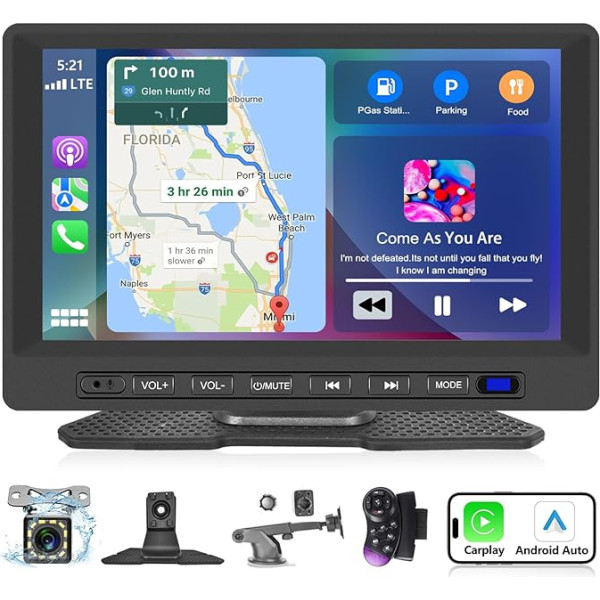 Podofo Bezvadu Apple CarPlay un Android pārnēsājamais auto radio Bezvadu Carplay 7 collu auto stereo radio ar aizmugures skata kameru, Bluetooth, brīvroku funkciju, Siri/FM pārraidi/GPS/Apple