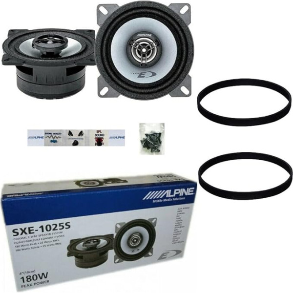 2 Alpine SXE-1025S SXE 1025S divvirzienu koaksiālie skaļruņi 10 cm 100 mm 4 collas 25 W RMS un 180 W Max standarta automašīnas durvju korpusam + gredzeni, skrūves un 5 bezmaksas uzlīmes