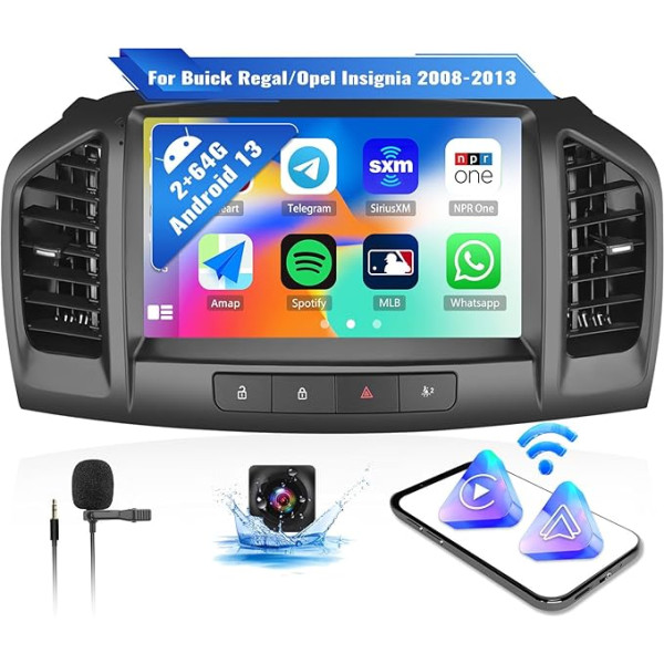 OiLiehu 2G + 64G Android 13 Double DIN Radio Apple Carplay Android automašīnai Buick Regal/Opel Insignia 2008-2013 Automobiļu radio ar 9 collu ekrānu Atbalsta Bluetooth/FM RDS/WiFi/GPS/Reacionālā skatu kamera