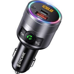 SYNCWIRE Bluetooth 5.3 FM Transmitter for Car, 48W Max PD & QC 3.0 Fast Charge Car Charger, Wireless Radio Adapter, Deep Bass Music Player, Hands-Free Calling, Colorful LED Light