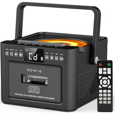 Greadio CD Player Portable, Boombox with CD Radio, Cassette Player, Bluetooth, Remote Control, FM Radio, AUX/USB/SD Card-In, 5000 mAh Rechargeable Battery, 5W Speaker, LED Screen, Black