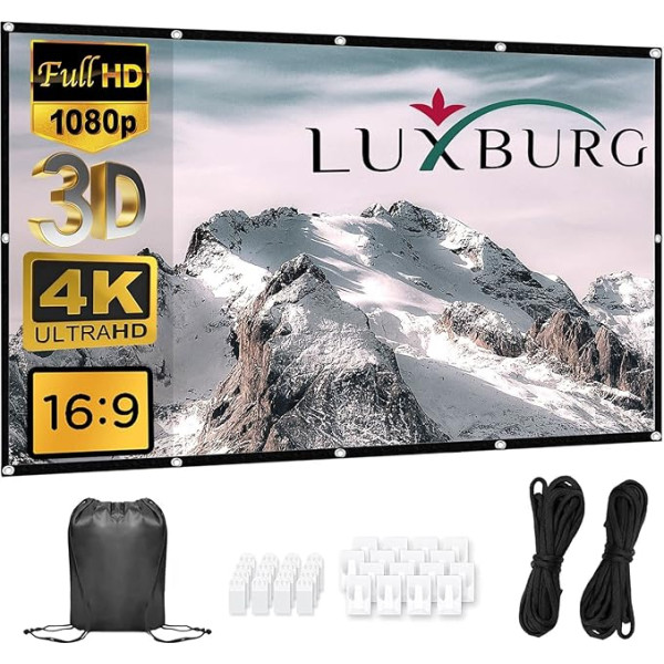 LUXBURG 120 collu 266 x 150 cm HD 4K portatīvais projekcijas ekrāns, augstākās kvalitātes salokāms projekcijas ekrāns - 16:9 (105 x 59 collas), ar somu, abpusējas līmlenti, āķiem un virvēm