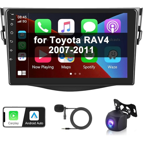 Hodozzy Android auto radio Toyota RAV4 2007-2011 Radio Carplay/Android Car, 9 collu ekrāns 2 DIN auto radio navigācija GPS Hi-Fi Bluetooth/WiFi/FM RDS/SWC+ atpakaļgaitas kamera 2 DIN priekš Toyota RAV4