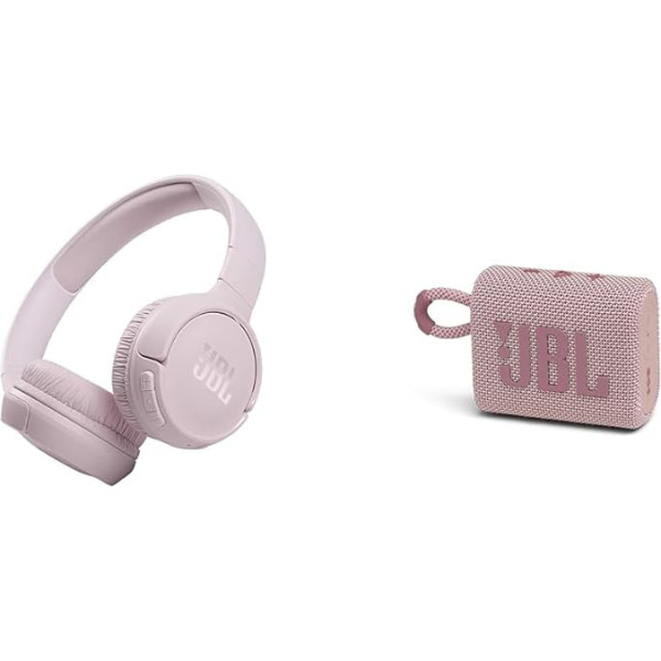 JBL Tune 510BT - Bluetooth austiņas pāri ausīm rozā krāsā - salokāmas austiņas ar brīvroku funkciju un GO 3 mazo Bluetooth kastīti rozā krāsā - ūdensizturīgs portatīvs skaļrunis ceļošanai