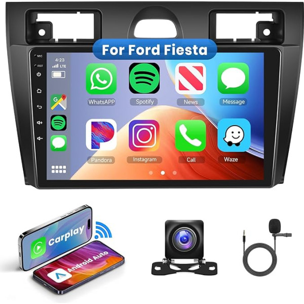 Hodozzy Android auto radio priekš Ford Fiesta 2006-2011 32G radio ar Wireless Carplay/Android Car, 9 collu skārienjūtīgais ekrāns, 2 DIN auto radio, navigācija GPS Bluetooth/HiFi/WiFi/FM RDS atpakaļgaitas kamera