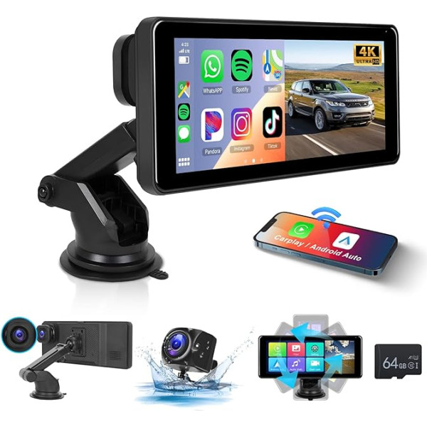 Hodozzy Apple Carplay Android Car Airplay Pārnēsājams auto radio ar 4K priekšējo kameru DVR ADAS, 6,86 collu IPS skārienjūtīgais ekrāns ar Bluetooth FM raidītāju + 1080P atpakaļgaitas kamera automašīnai/VW/SUV/Pickup