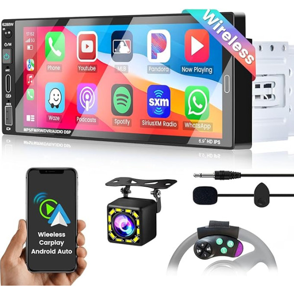 Hikity 6,9 Zoll Autoradio Wireless Carplay und Android Auto 1 Din Touch Display Radio mit Bildschirm Bluetooth Freisprecheinrichtung, Rückfahrkamera, Mikrofon, FM USB+Type-C