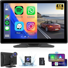 Hodozzy Dasham 4K pārnēsājamais auto radio ekrāns ar bezvadu Apple Carplay Android automašīnā, 10,1 collu IPS skārienjūtīgais ekrāns Bluetooth WiFi Priekšējā un aizmugurējā kamera Dual DVR Loop Recording, FM/AUX/TF