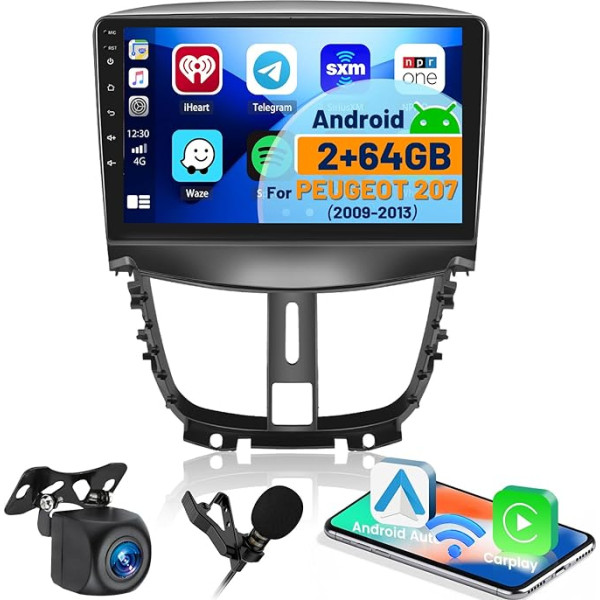 Hikity 2+64GB Android 13 Autoradio Doppel DIN für Peugeot 207 2009-2013 mit Wireless CarPlay Android Auto Mirror Link 9