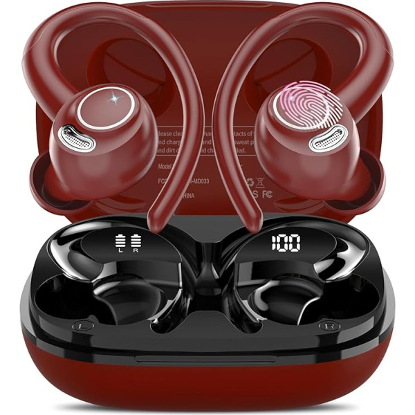 Bluetooth Kopfhörer Sport, in Ear Kopfhörer Kabellos Bluetooth 5.3 mit HD Mic, Herausragender Sound, 40 Std Spielzeit, Dual LED-Anzeige, IP7 Wasserdicht Ohrhörer mit Ohrhaken, Klassisches Rot