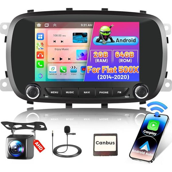 Hikity Android 13 2G 64G auto radio ar navigācijas sistēmu Fiat 500X 2014 2015 2015 2016 2017 2017 2018 2019 2020, bezvadu Apple CarPlay & Android Car, 7 collu skārienjūtīgais ekrāns, auto radio ar GPS WiFi RDS FM